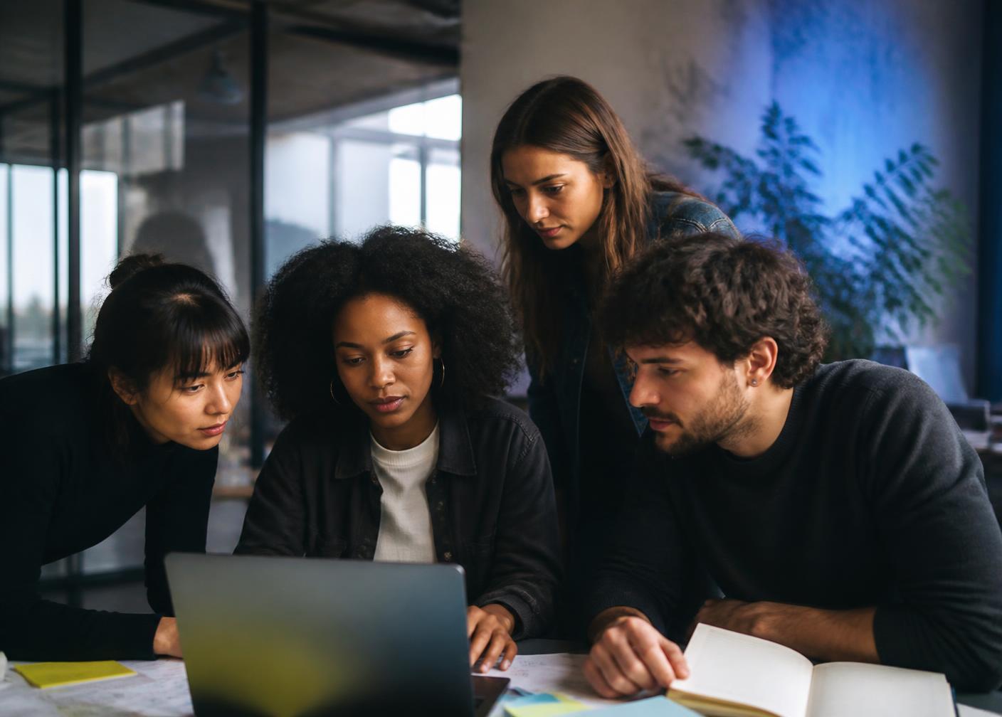 A team of learners collaborating on a project in a studio